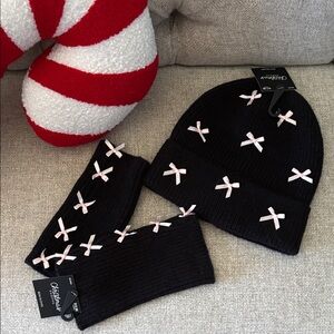 Black Beanie and Glove Set with Pink Bows